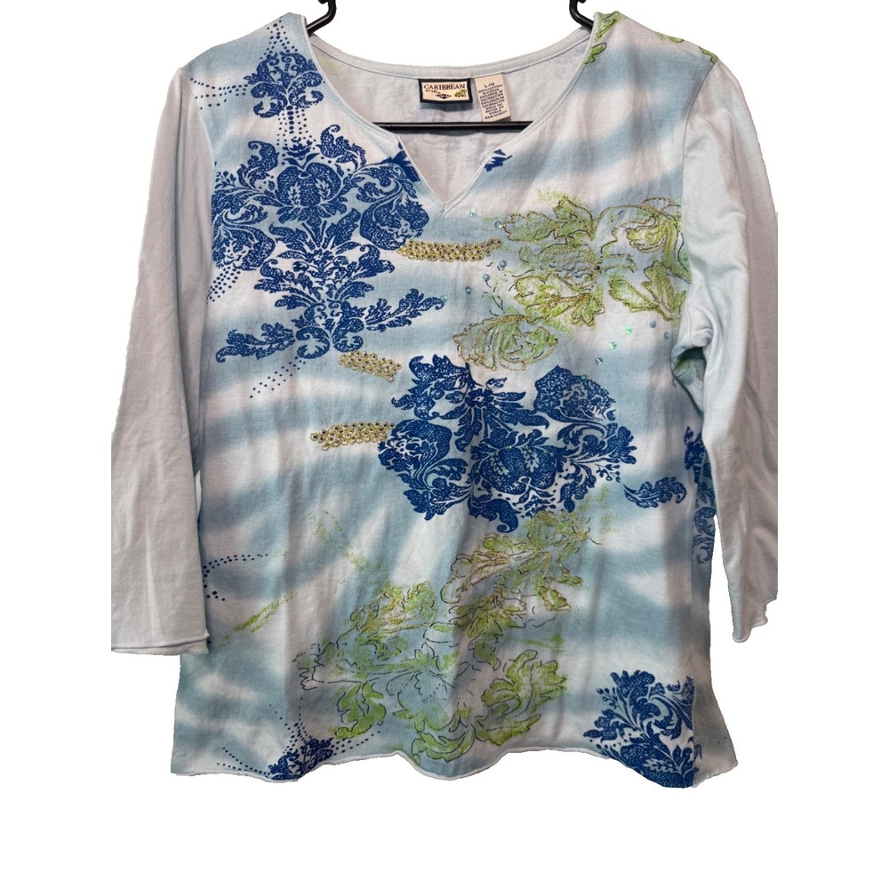 Caribbean Joe Women's Top L Blue Green Embellished Floral Tie Dye 3/4 Sleeve Shi